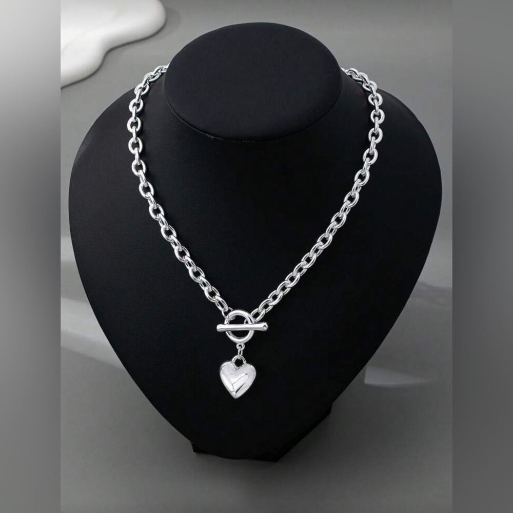 Silver Toggle Heart Charm Necklace Chunky Chain Necklace